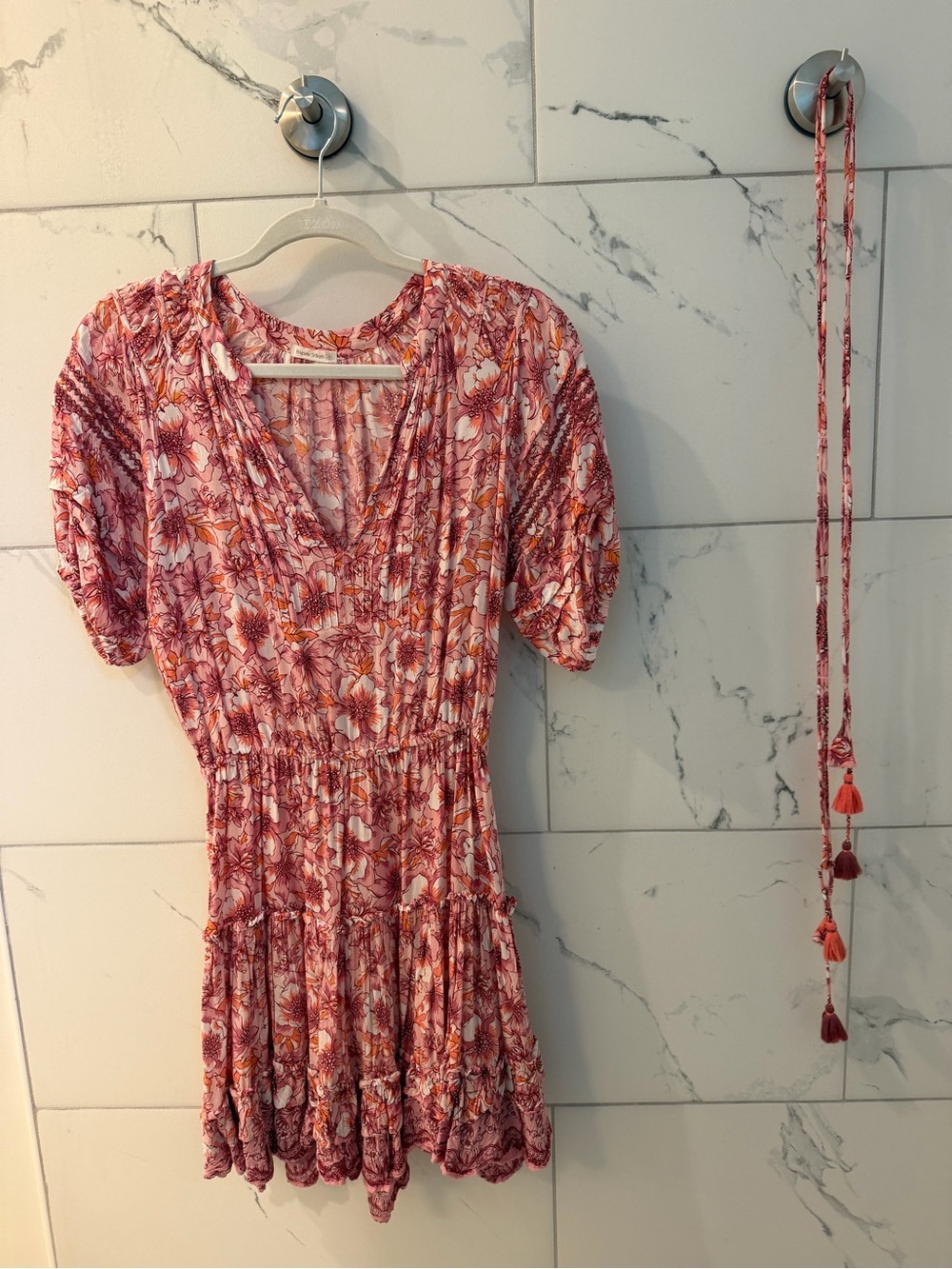Poupette St. Barth Pink Floral V-Neck Tiered Short Dress